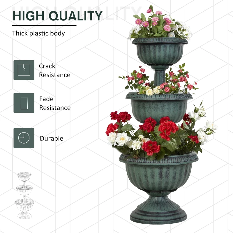 Outsunny 3-tier Chelsea Planter Flowers Display Fountain Stable Base Outdoor Garden Flower Pot Patio Balcony Indoors Green