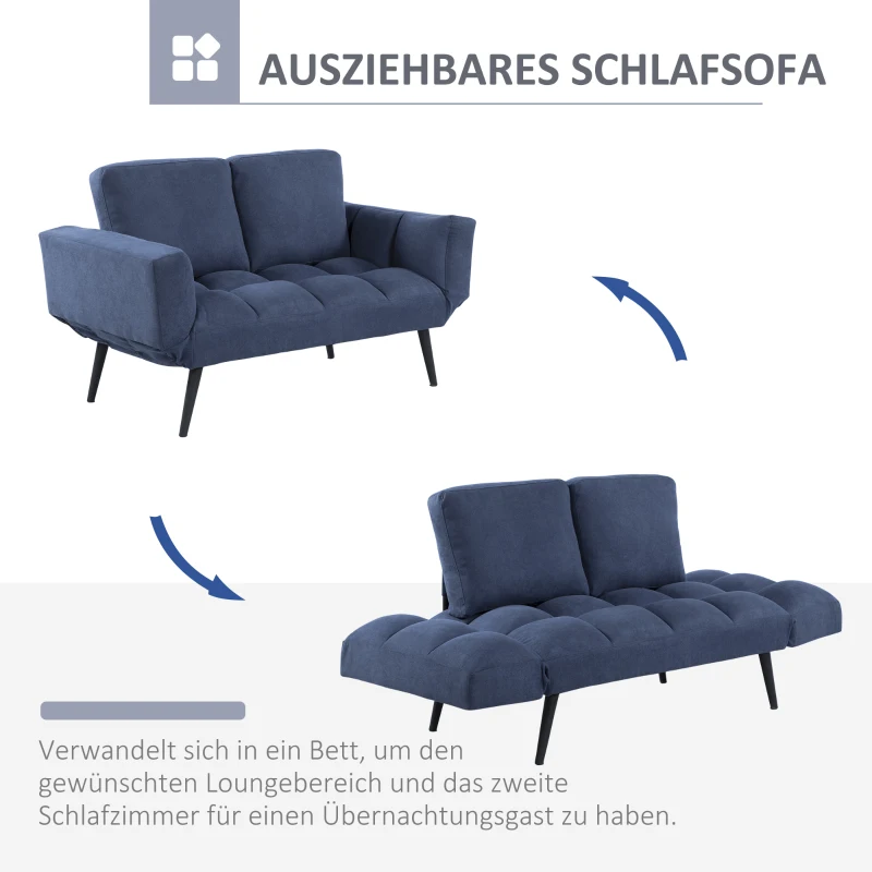 HOMCOM Schlafsofa Klappsofa 2-Sitzer Stoffsofa Bettsofa Sofa mit Schlaffunktion Sofagarnitur Flanell Metall Blau 151 x 75 x 83 cm