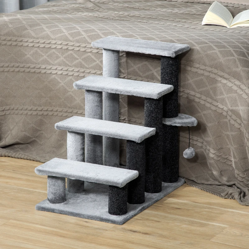 PawHut schody dla zwierząt domowych z piłeczką do zabawy 4-poziomowe schody dla kotów schody dla psów schody dla zwierząt płyta wiórowa plusz kolor szary 60 x 40 x 64 cm