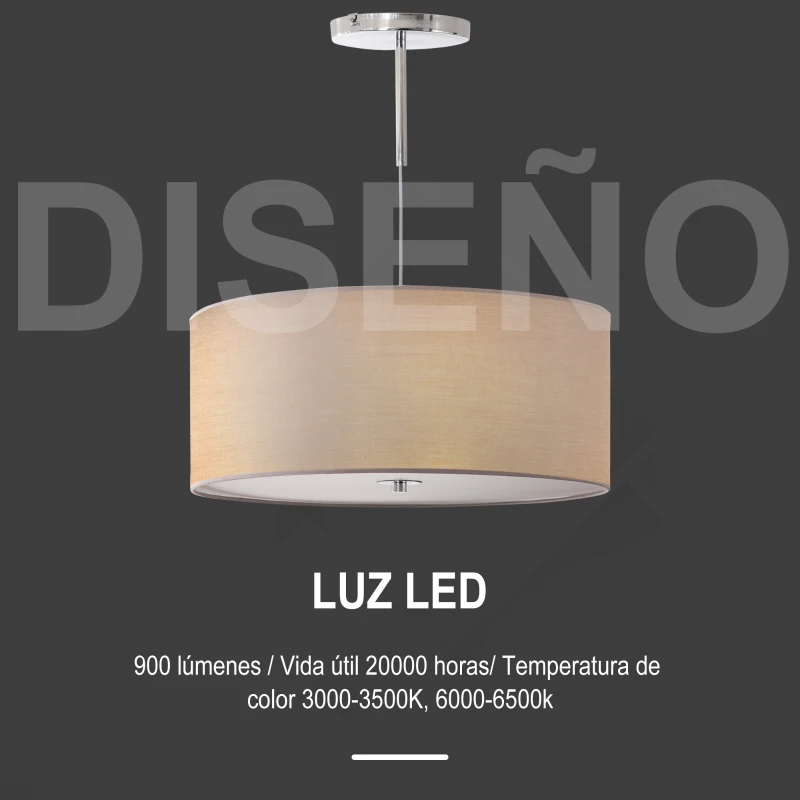 HOMCOM Lámpara de Suspensión Ø59x44 cm Lámpara Colgante Textil con Luces LED 36W con 3 Modos de Color y Soporte de Metal Dormitorio Sala de Estar Gris