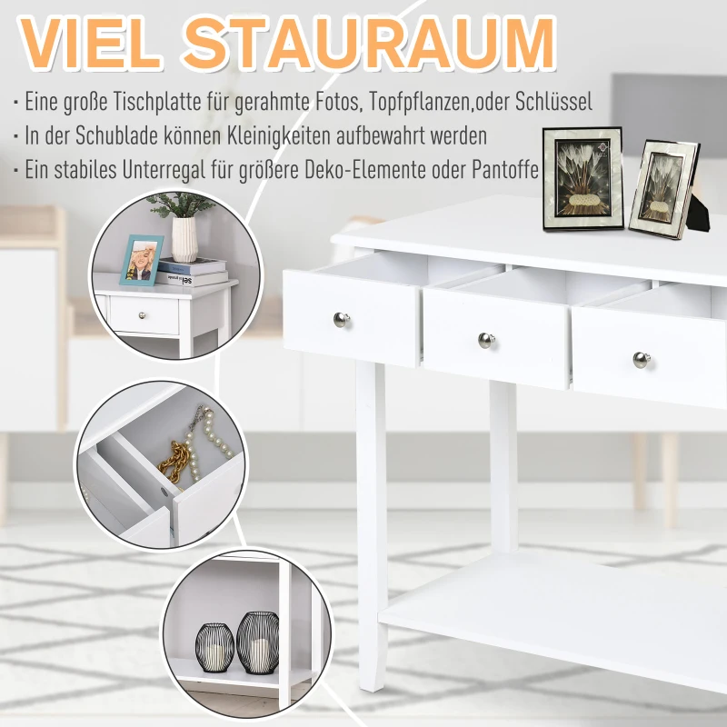 HOMCOM Konsolentisch, Beistelltisch mit 3 Schubladen, Sideboard, Massivholz, 90 x 40 x 75 cm