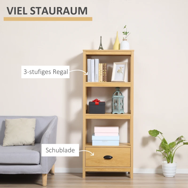 HOMCOM Strandregal Bücherregal 3-stufiges mit Schublade Büroregal Lagerregal Aktenregal Küchenregal MDF Eiche 60 x 30 x 150 cm