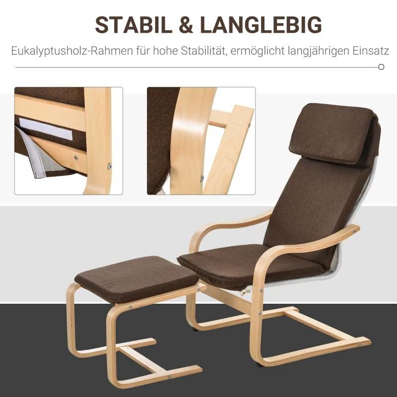 HOMCOM Relaxsessel mit Fußhocker, Ruhesessel mit Armlehne, Relaxstuhl, Leinenbezug Holzgestell Braun 65 x 69 x 98 cm