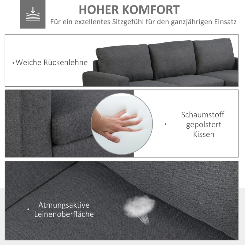 HOMCOM Ecksofa Stoffsofa Eckcouch Couchgarnitur mit Chaiselongue L-Form Leinen Grau