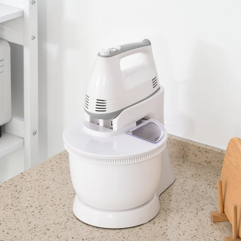 HOMCOM 2 in 1 Handrührer elektrisches Handmixer-Set mit Tischständer 3,4-Liter-Rührschüssel 300W 6 Geschwindigkeiten inklusive Turbo Stahl Weiß 30,5 x 21,8 x 35,4 cm