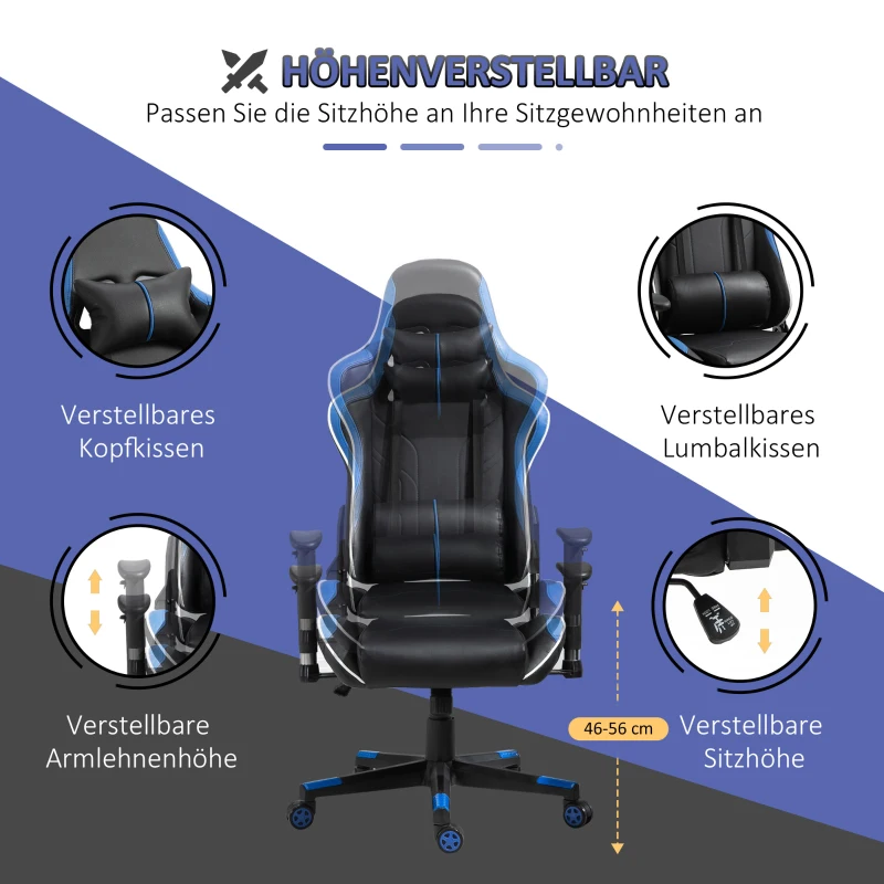 Vinsetto Gaming Stuhl mit Liegefunktion Bürostuhl Schreibtischstuhl mit Kopfstütze und Lendenkissen Griff verstellbar PVC Leder Blau+Schwarz 70 x 60 x 128-138 cm