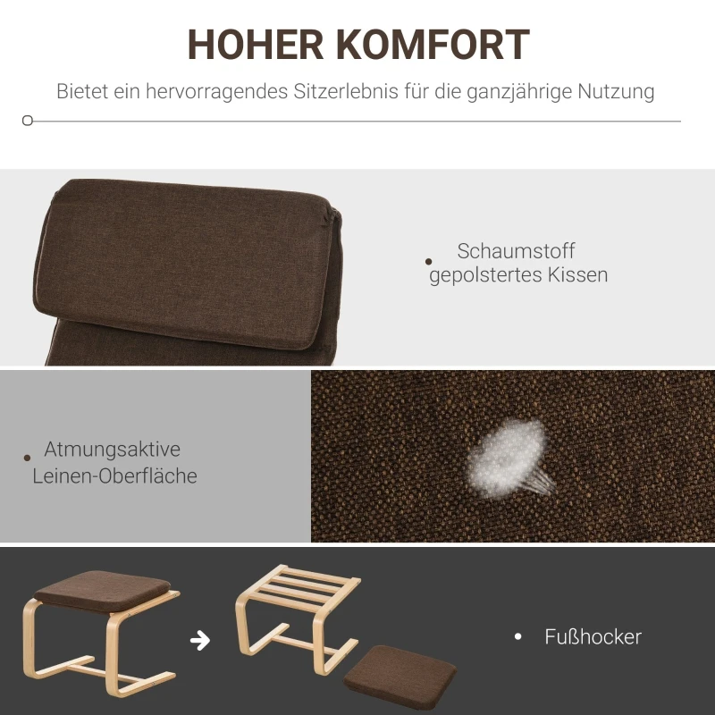 HOMCOM Relaxsessel mit Fußhocker, Ruhesessel mit Armlehne, Relaxstuhl, Leinenbezug Holzgestell Braun 65 x 69 x 98 cm