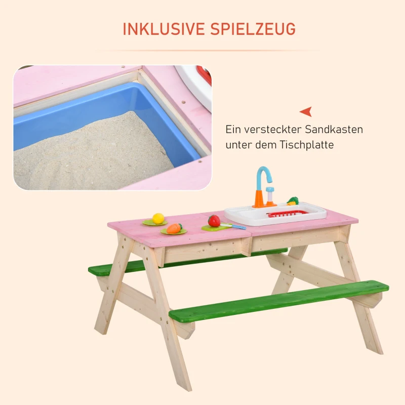 Outsunny 2-in-1 Kinder Campingtisch mit 2 Sitzbänke Matschküche Spieltisch mit Wasserhahn Holz Spieltisch für Kinder 3-7 Jahren Fichte PP-Kunststoff 94 x 89 x 50,5 cm