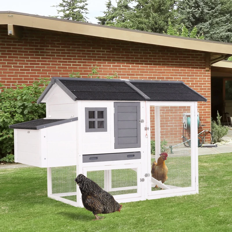 PawHut Hühnerstall mit Nistkasten, Laufstall Auslauf Geflügelstall mit Stange Massivholz Weiß 168 x 80 x 111 cm