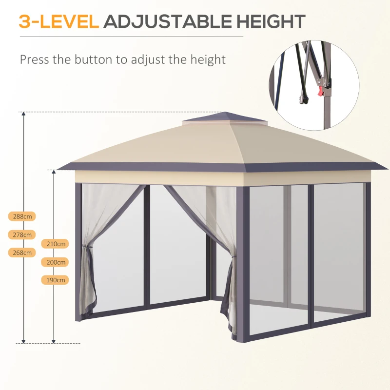 Outsunny 3.3 x 3.3m Pop Up Gazebo, Double Roof Foldable Canopy Tent with Zipped Mesh Sidewalls, Height Adjustable and Carrying Bag, Event Tent for Patio Garden, Beige