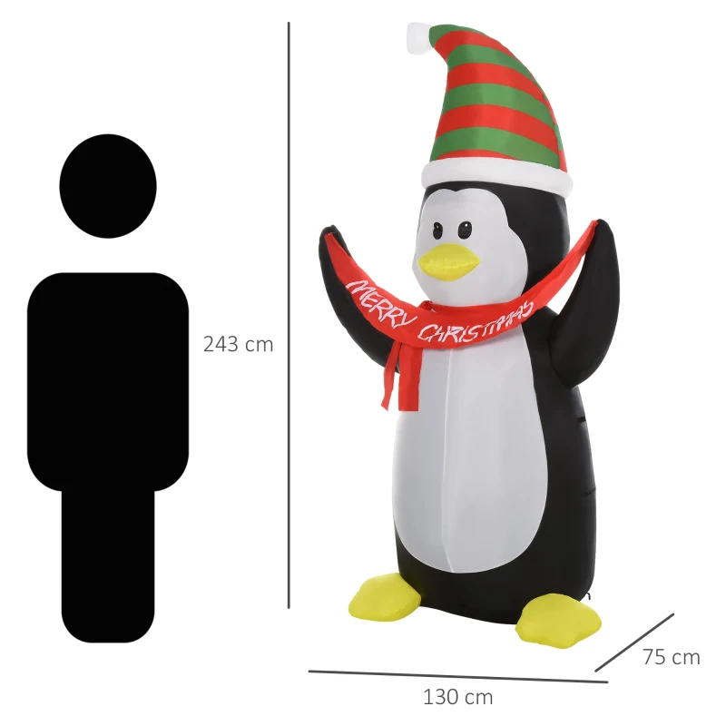 HOMCOM Aufblasbare Pinguin-Figur 2,43 m Weihnachtsdekoration mit Lichtern Weihnachten Dekoration automatisches Aufblasen wetterfest Polyester Weiß+Schwarz+Rot+Grün 130 x 75 x 243 cm