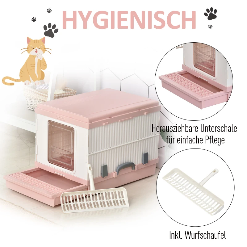 PawHut Katzentoilette mit ausziehbarer Schale, Katzenklo mit Schaufel, Zusammenklappbar und Tragbar, ABS, Rosa, 54 x 43 x 42 cm