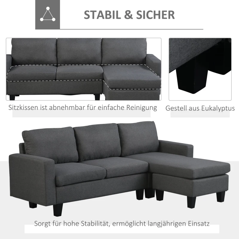 HOMCOM Ecksofa Stoffsofa Eckcouch Couchgarnitur mit Chaiselongue L-Form Leinen Grau