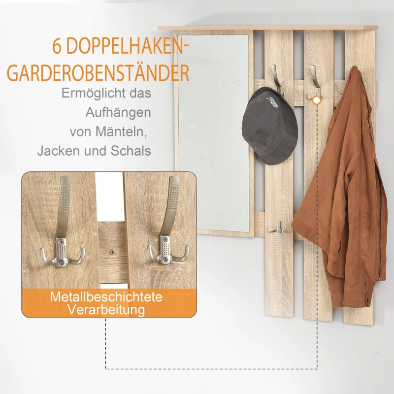 HOMCOM 3-in-1 Garderobenset Flurgaderobe mit Schuhschrank Garderobe, Wandspiegel, 6 Haken, Natur, 30,5 x 75,5 cm (Spiegel)