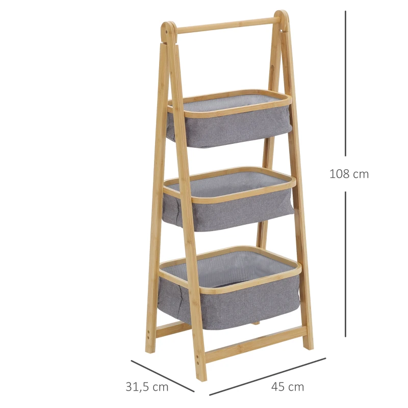 HOMCOM Standregal Lagerregal Bücherregal Bambusregal 3-stufiges Badregal Küchenregal faltbar für das Wohnzimmer Küche Bad Büro Bambus Natur+Dunkelgrau 45 x 31,5 x 108 cm