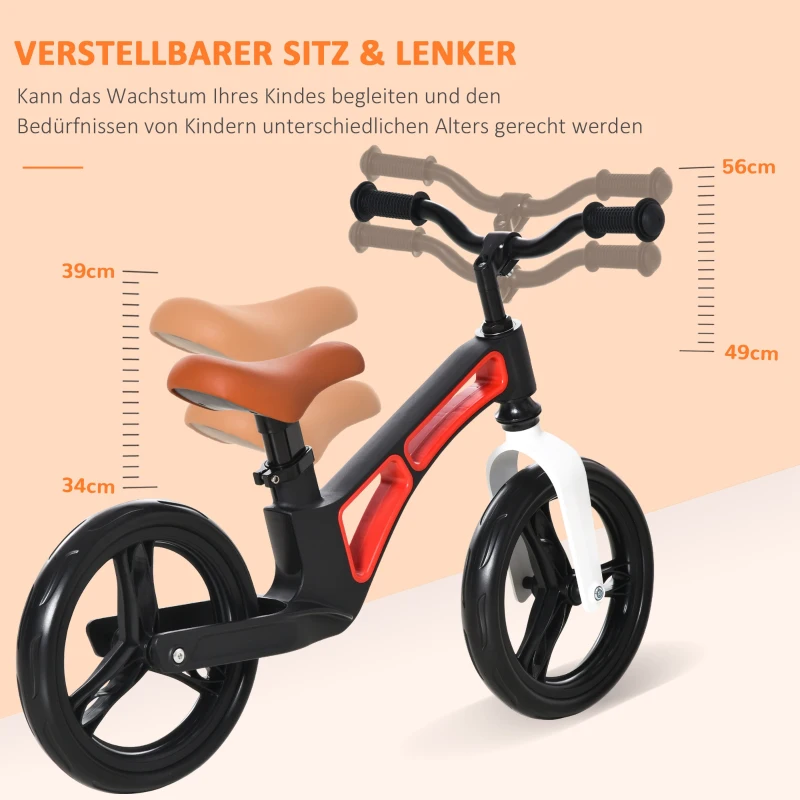 HOMCOM Laufrad ab 2 Jahre verstellbarer Sitz und Griff mit Pedaltraining Kinderlaufrad ohne Tretrad Kleinkinderfahrrad aus Magnesiumlegierung Weiß+Schwarz 86 x 41 x 49-56 cm
