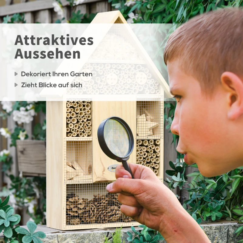 Outsunny Insektenhotel Insektenhaus mit 5 Etagen Metallgitter Bienenhotel aus natürlichen Materialien für Käfer Bienen Wespen und Schmetterlinge Kiefernholz Bambus Metall Naturholz 32 x 12,5 x 57 cm
