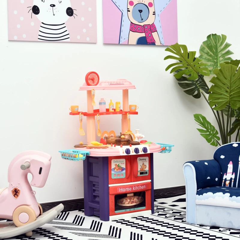 HOMCOM Kinderküche mit Zubehör, 51-Teilige Spielküche Spielzeugküche Kunststoff, Rosa+Violett, 71,5x35x85,5 cm