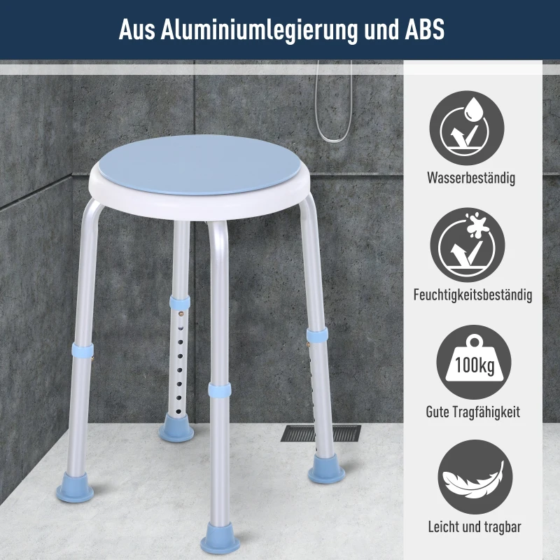 HOMCOM® Taboret Prysznicowy Kąpielowy Obrotowy Antypoślizgowy Regulacja Wysokości Aluminium Niebieski