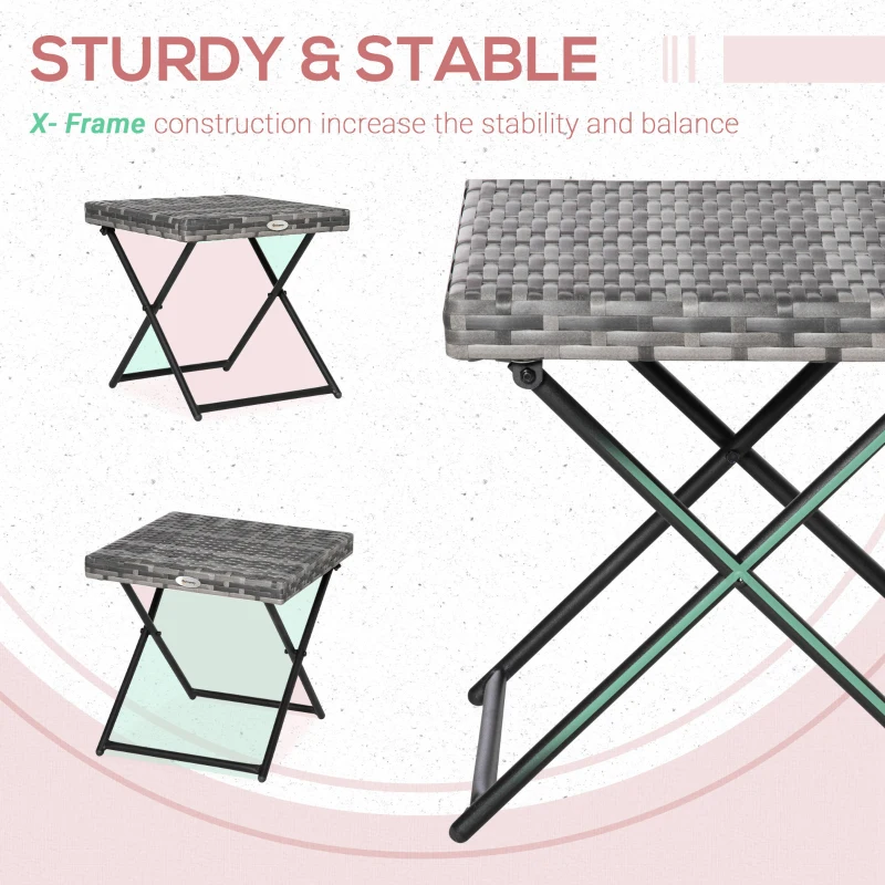 Outsunny Square PE Wicker Rattan Folding Table,Weather Resistant Wicker Weave Side Table with Steel Frame, Grey