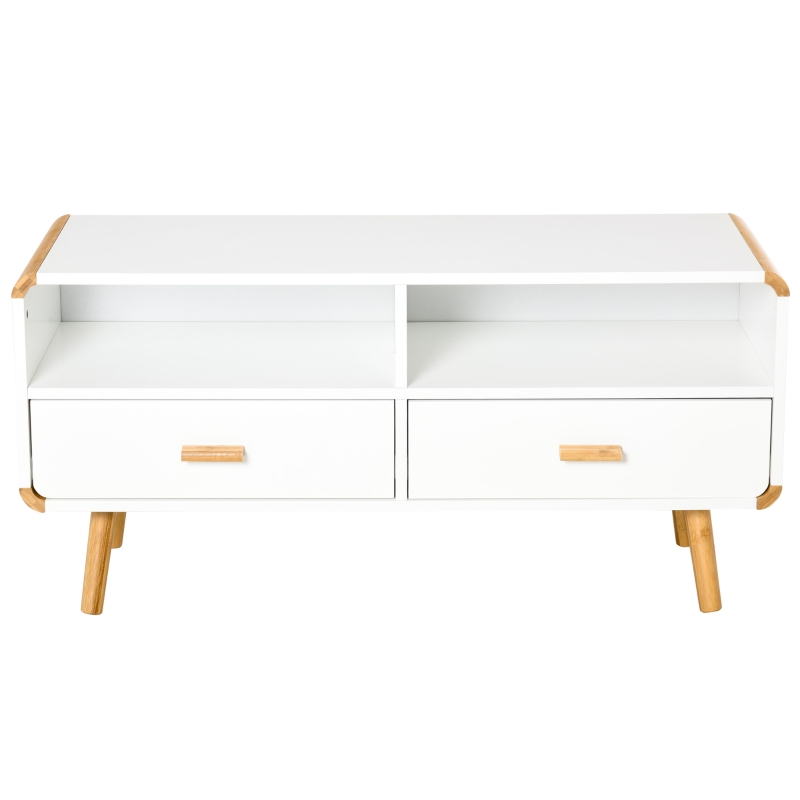 HOMCOM Meuble TV Bas sur Pieds Style scandinave 2 niches 2 tiroirs MDF Blanc Bois Massif Bambou