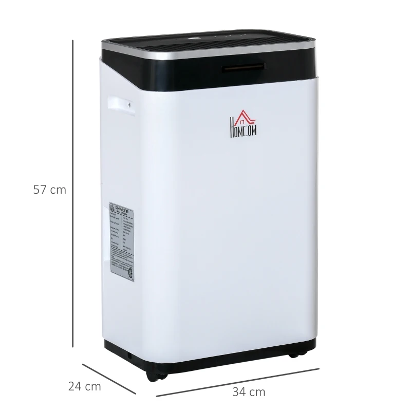 HOMCOM Desumidificador Elétrico 6,5L 20L/Dia com 3 Modos 2 Velocidades Tela LED Luzes Indicadoras Temporizador e Rodas Silencioso para Casa 34x24x57cm Branco