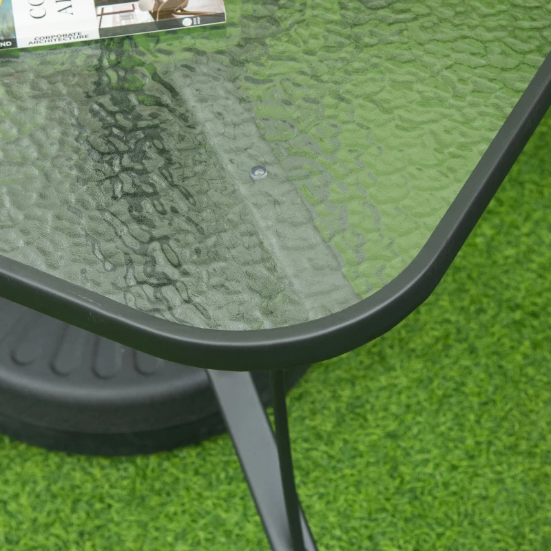 Outsunny Mesa de Cristal de Jardim com Orifício para Chapéu de Sol Mesa Quadrada de Exterior Terraço Varanda com Estrutura de Aço 106,5x106,5x71cm Transparente e Preto
