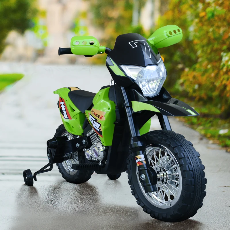 HOMCOM Mota Elétrica Infantil Motocicleta Elétrica para Crianças acima de 3 Anos com Luzes Música e Rodas de Apoio 109x52,5x70,5cm Verde