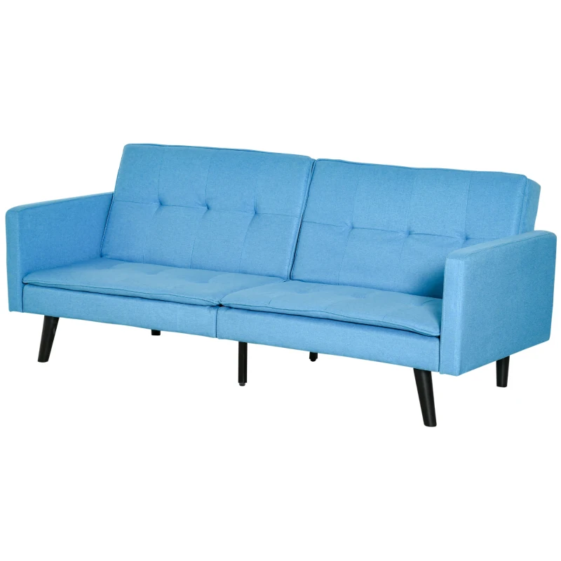 HOMCOM Sofá Cama de 3 Lugares Estofado em Tecido com Encosto Ajustável em 3 Posições e Pés de Madeira Sofá Moderno para Sala de Estar Escritório 198x81x81cm Azul