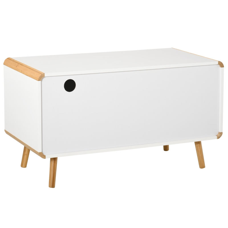 HOMCOM Meuble TV Bas sur Pieds Style scandinave 2 tiroirs et Placard MDF Blanc Bois Massif Bambou