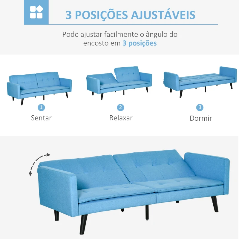 HOMCOM Sofá Cama de 3 Lugares Estofado em Tecido com Encosto Ajustável em 3 Posições e Pés de Madeira Sofá Moderno para Sala de Estar Escritório 198x81x81cm Azul