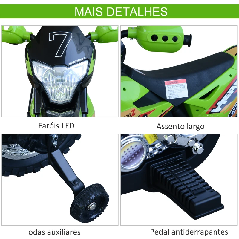 HOMCOM Mota Elétrica Infantil Motocicleta Elétrica para Crianças acima de 3 Anos com Luzes Música e Rodas de Apoio 109x52,5x70,5cm Verde