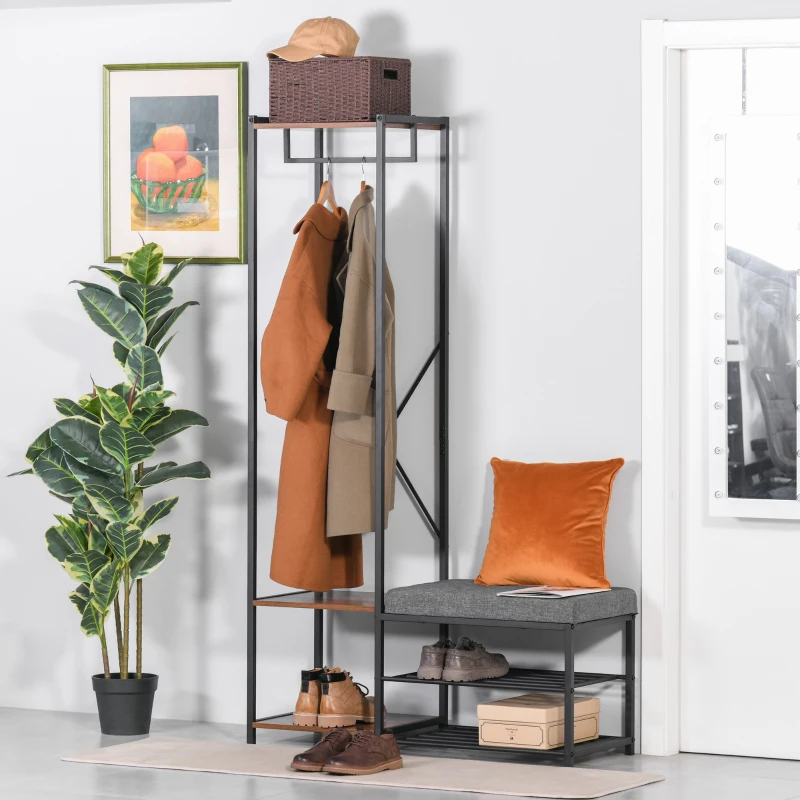 HOMCOM Perchero con Zapatero Banco para Zapatos Barra para Colgar y Estantes para Entrada Pasillo Dormitorio 104,5x42x180,5 cm Negro y Nogal Oscuro