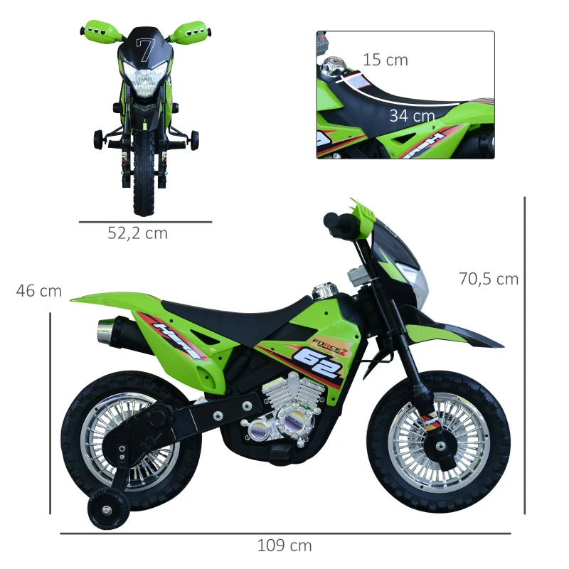 HOMCOM Mota Elétrica Infantil Motocicleta Elétrica para Crianças acima de 3 Anos com Luzes Música e Rodas de Apoio 109x52,5x70,5cm Verde