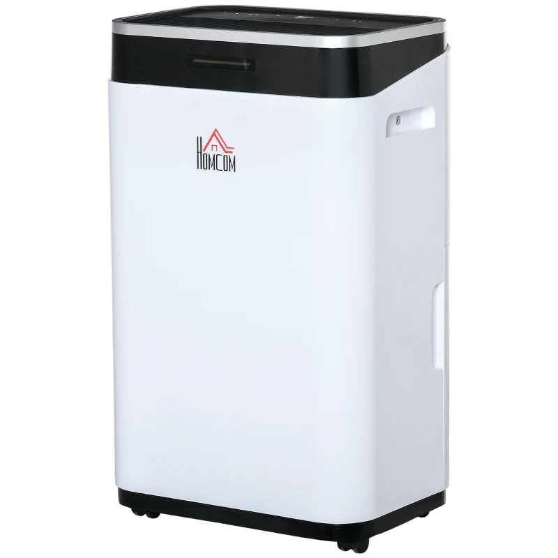 HOMCOM Desumidificador Elétrico 6,5L 20L/Dia com 3 Modos 2 Velocidades Tela LED Luzes Indicadoras Temporizador e Rodas Silencioso para Casa 34x24x57cm Branco