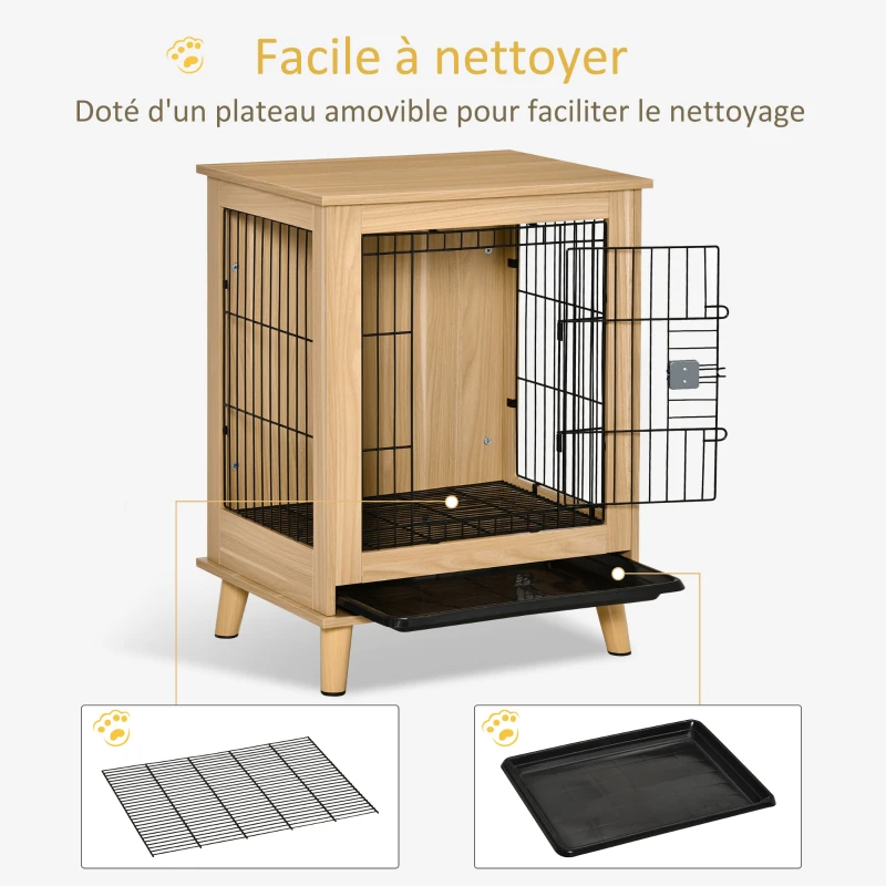 PawHut Cage pour chien cage pour animaux sur pied style meuble plateau amovible porte verrouillable structure en acier et bois 64L x 48l x 83H cm chêne