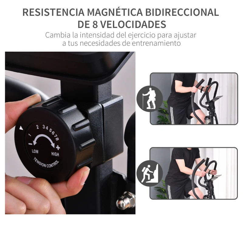 HOMCOM Bicicleta Elíptica de Fitness con Pantalla LCD y Resistencia Bidireccional Ajustable de 8 Niveles Ritmo Cardíaco Portavasos Volante de Inercia de 7 kg y 2 Ruedas 103x71x157 cm Negro