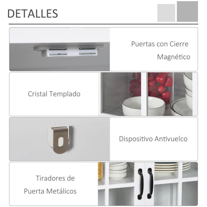HOMCOM Aparador con 2 Puertas de Vidrio Templado Balda Ajustable y Dispositivo Antivuelco Armario Multiuso para Cocina Salón Baño 80x40x85,3 cm Blanco