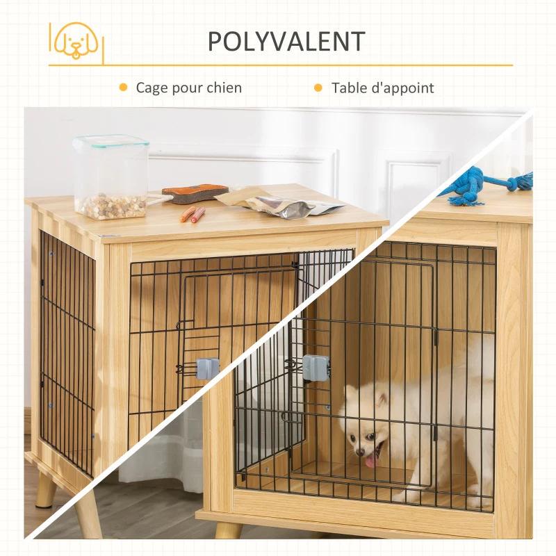 PawHut Cage pour chien cage pour animaux sur pied cage chien interieur meuble chien porte verrouillable structure en acier panneaux de particules aspect bois dim. 73L x 55l x 78H cm chêne