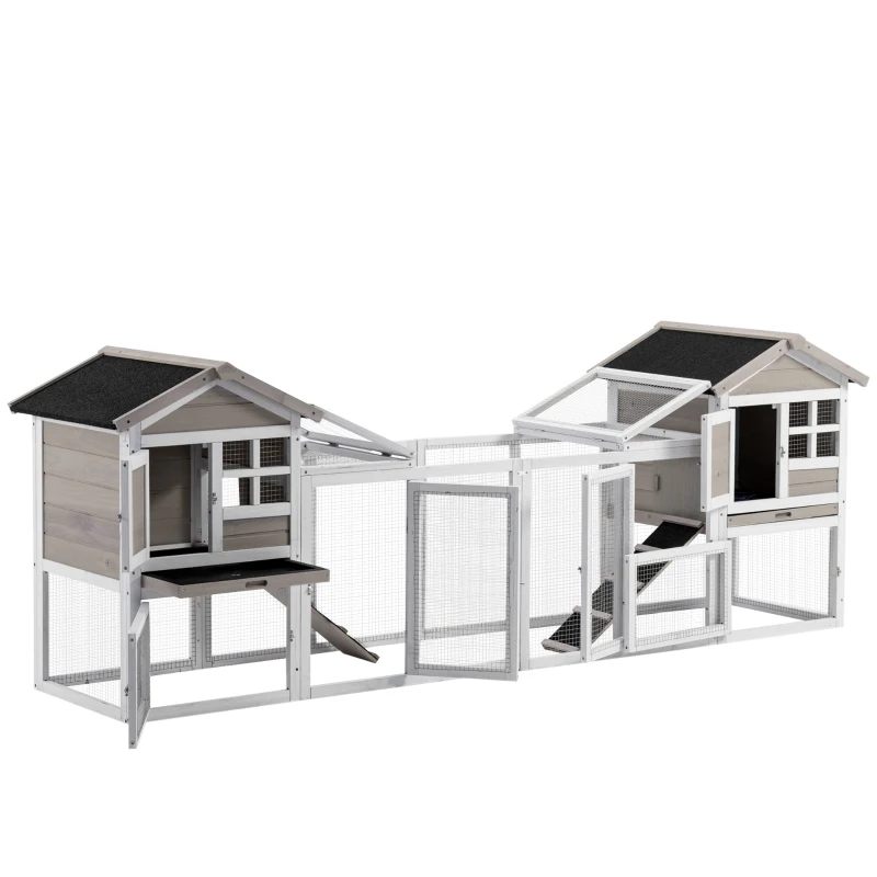 PawHut 2 in 1 Rabbit Hutch Outdoor, Double Main House Guinea Pig Hutch, Bunny Run, Wooden Small Animal House with Run Box, Slide-out Tray, Ramp, 259 x 64 x 92cm, Grey