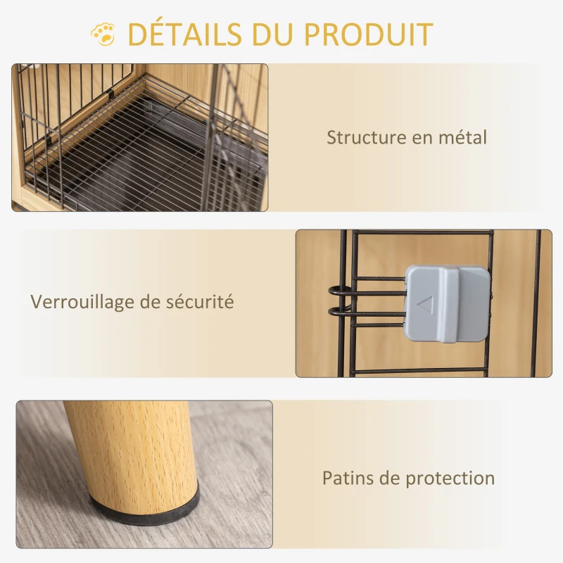 PawHut Cage pour chien cage pour animaux sur pied style meuble plateau amovible porte verrouillable structure en acier et bois 64L x 48l x 83H cm chêne