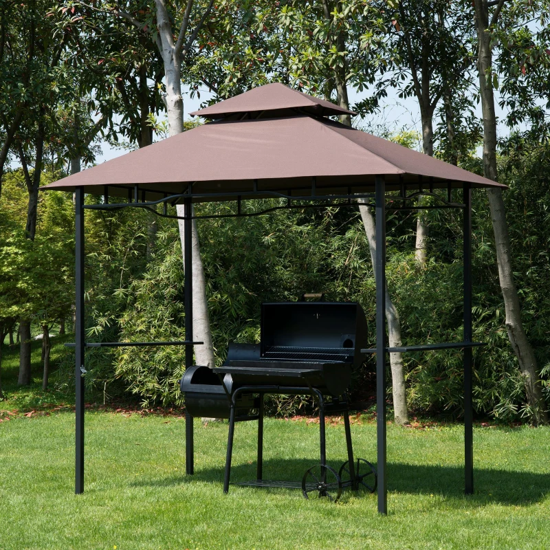Outsunny Pabellón de Jardín 245x148 cm Cenador con Doble Techo Protección Solar 2 Estantes Laterales con Abrebotellas para Barbacoa Fiesta Eventos Exterior Color Café