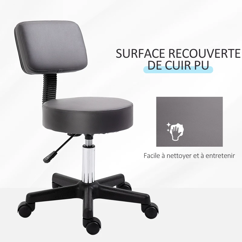 HOMCOM Tabouret massage à roulettes réglable en hauteur pivotant dossier ergonomique gris