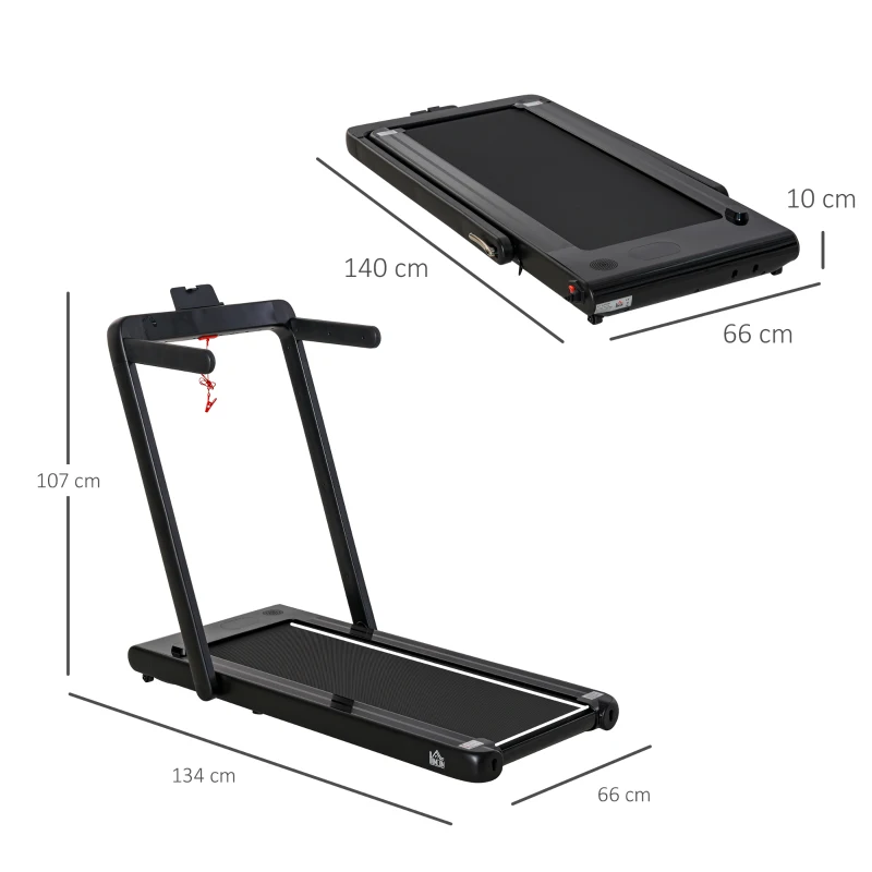 HOMCOM Cinta de Correr y Andar Eléctrica 2 en 1 Plegable 1-12km/h Caminar 1-4km/h con Control Remoto Pantalla LED Dual Bluetooth y Superficie de Carrera para Gimnasio Casa 134x66x107 cm Negro
