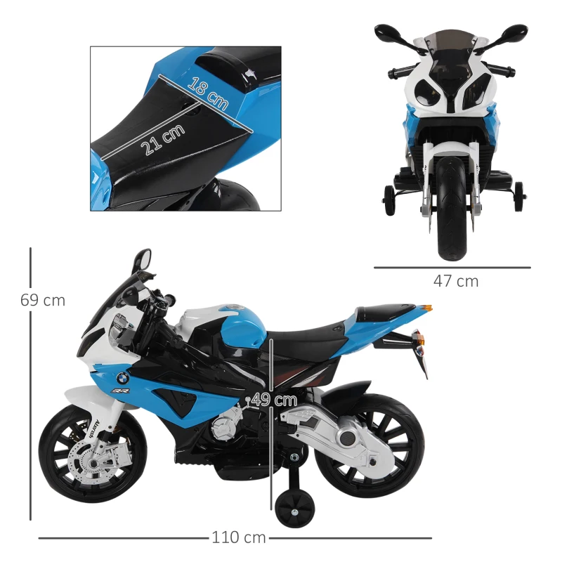 HOMCOM Moto Electrica Infantil BMW 3-8 Años Moto de Juguete Eléctrico Batería 12V Doble Motor 110x47x69cm