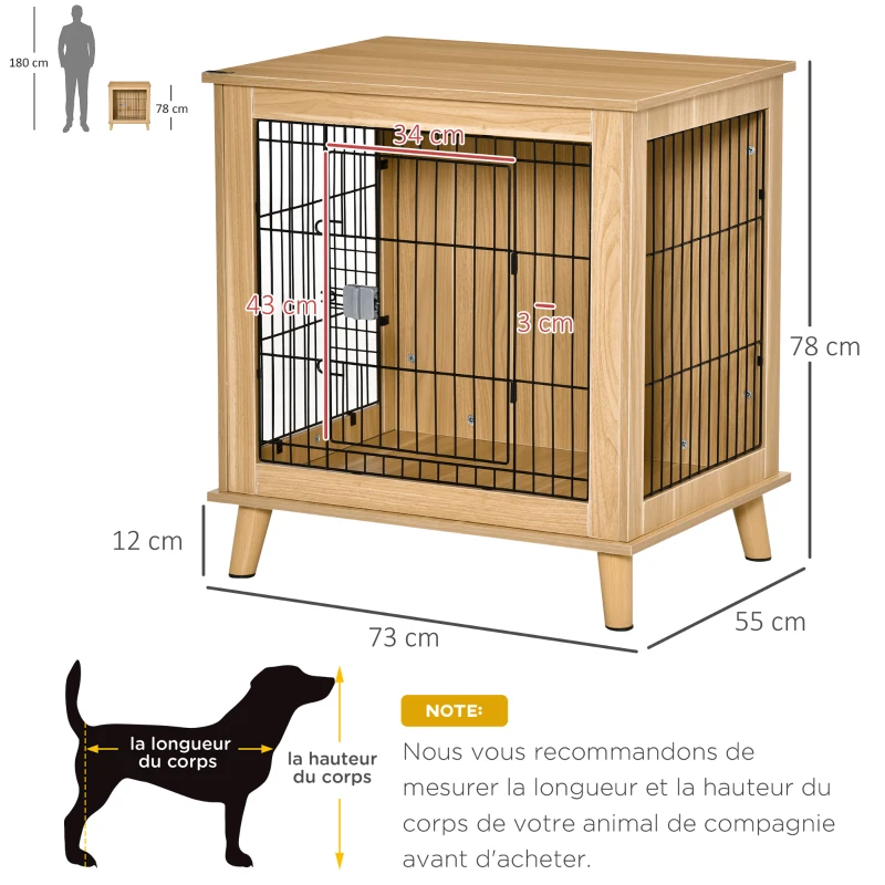 PawHut Cage pour chien cage pour animaux sur pied cage chien interieur meuble chien porte verrouillable structure en acier panneaux de particules aspect bois dim. 73L x 55l x 78H cm chêne