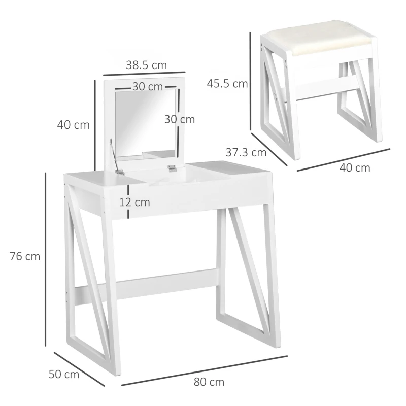 HOMCOM Dressing Table Set with Flip Top Mirror and Cushioned Stool, Makeup Vanity Table Writing Desk with Storage Grids for Bedroom, White