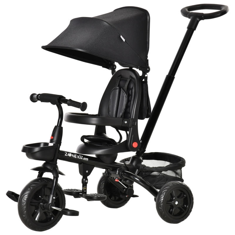 HOMCOM Triciclo Bebé 4 en 1 Bicicleta para Niños 1-5 Años con Asiento Giratorio Capota Ajustable Mango de Empuje Telescópico y Reposapiés Plegable 111,5x52x98 cm Negro