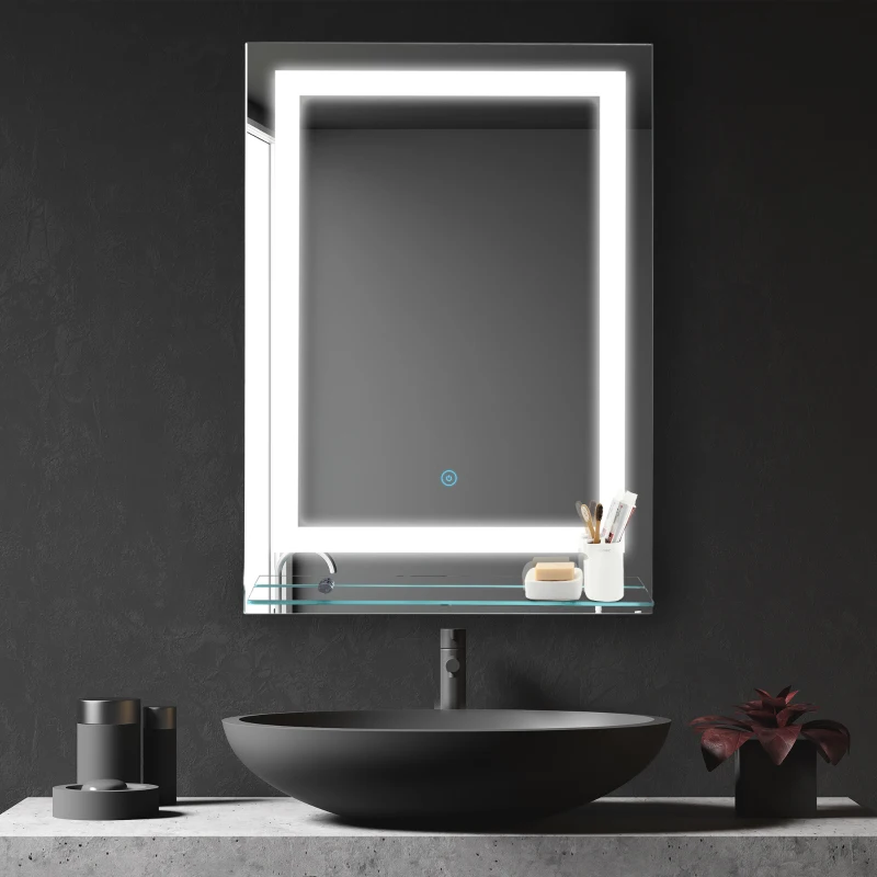 kleankin 70x50cm LED Light-Up Bathroom Mirror w/ Glass Shelf Aluminium Frame Touch Switch Wall Mounted Vanity Home Beauty Reflection