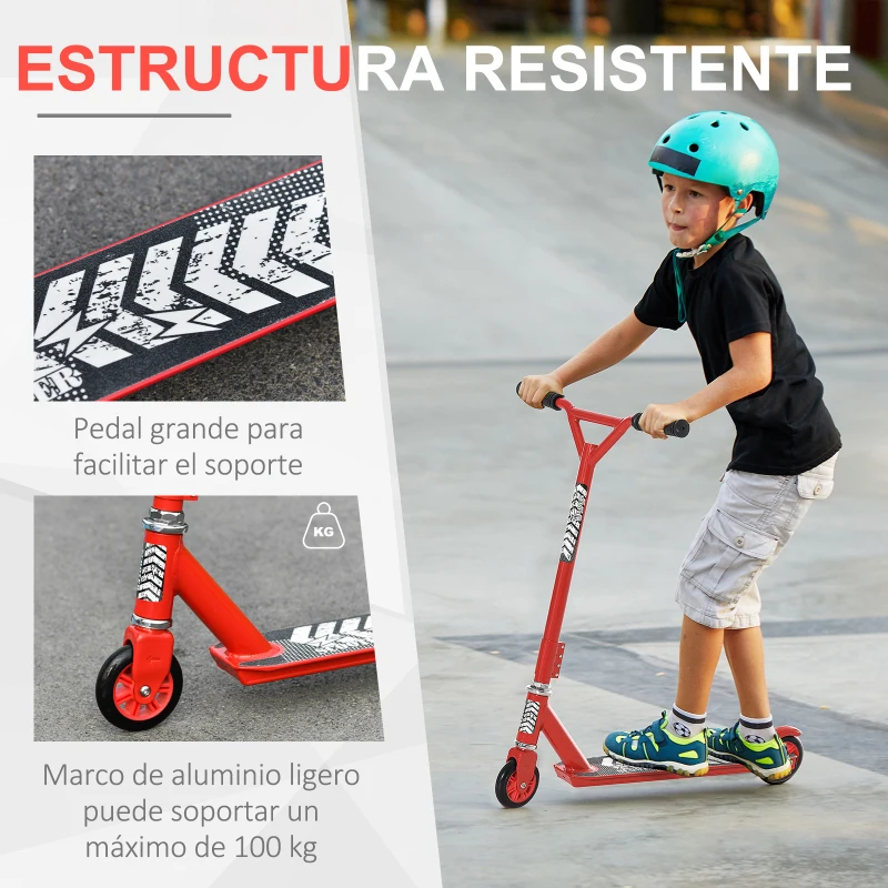 HOMCOM Stunt Scooter Kick Trick Freestyle Scooter Patinete de Acrobacia Patinete Clásico Barra Fija Giratorio 360° Carga 100kg 65,5x50x79 cm Aluminio